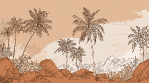 Papier peint paysage tropical Palmiers et rochers dans des teintes douces