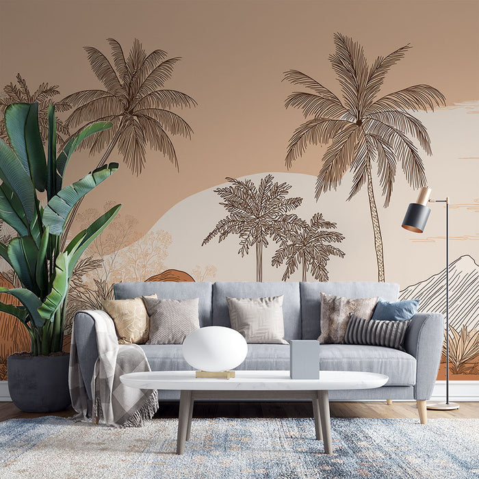 Papier peint paysage tropical | Palmiers et rochers dans des teintes douces