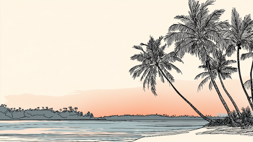 Papier peint paysage tropical Palmiers stylisés au bord de l'eau au coucher du soleil