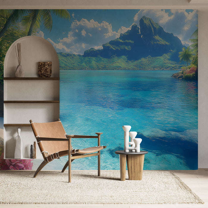 Papier peint paysage tropical | Plage calme avec palmiers et rochers