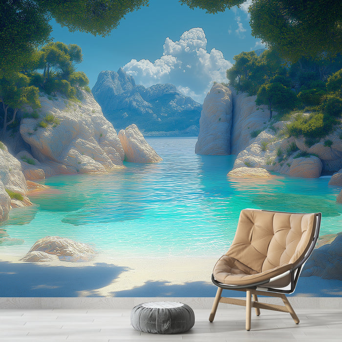 Papier peint paysage tropical | Plage sereine avec eau turquoise et rochers