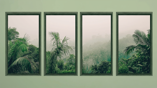 Papier peint paysage tropical Plusieurs encadrements montrant une forêt dense et brumeuse