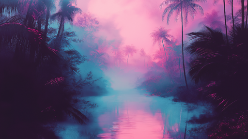 Papier peint paysage tropical Rivière brumeuse et palmiers aux teintes vives