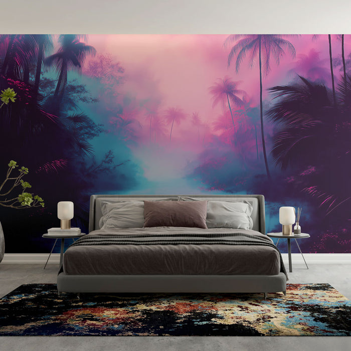 Une chambre moderne avec un papier peint tropical aux teintes violettes et turquoise, évoquant une ambiance mystique et apaisante grâce à des palmiers dans un brouillard léger.