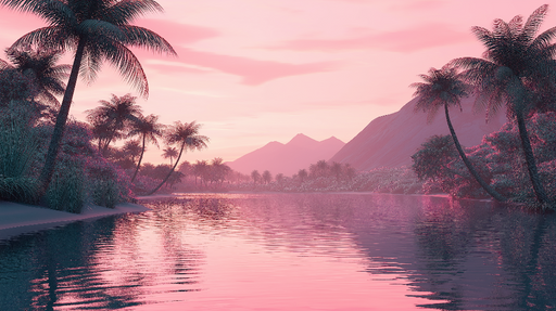 Papier peint paysage tropical Rivière calme entourée de palmiers sous un ciel rose pastel