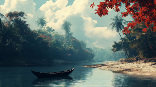 Papier peint paysage tropical Rivière calme entourée de végétation luxuriante