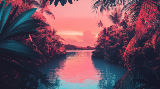 Papier peint paysage tropical Rivière paisible entourée de palmiers et de couleurs flamboyantes