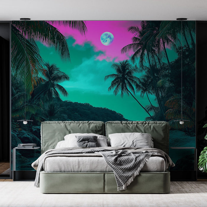 Une chambre moderne avec un papier peint tropical aux teintes turquoise et magenta représentant des palmiers sous une lune éclatante, créant une ambiance rêveuse et apaisante.
