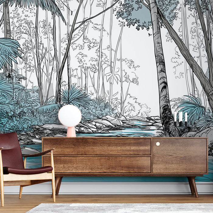 Une pièce moderne avec un papier peint illustrant une forêt tropicale en noir et blanc rehaussée de touches de bleu, créant une ambiance sereine et apaisante.