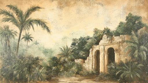 Papier peint paysage tropical Ruines anciennes entourées de palmiers luxuriants
