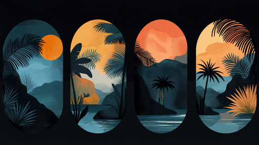 Papier peint paysage tropical Scène colorée de palmiers et de montagnes au coucher du soleil