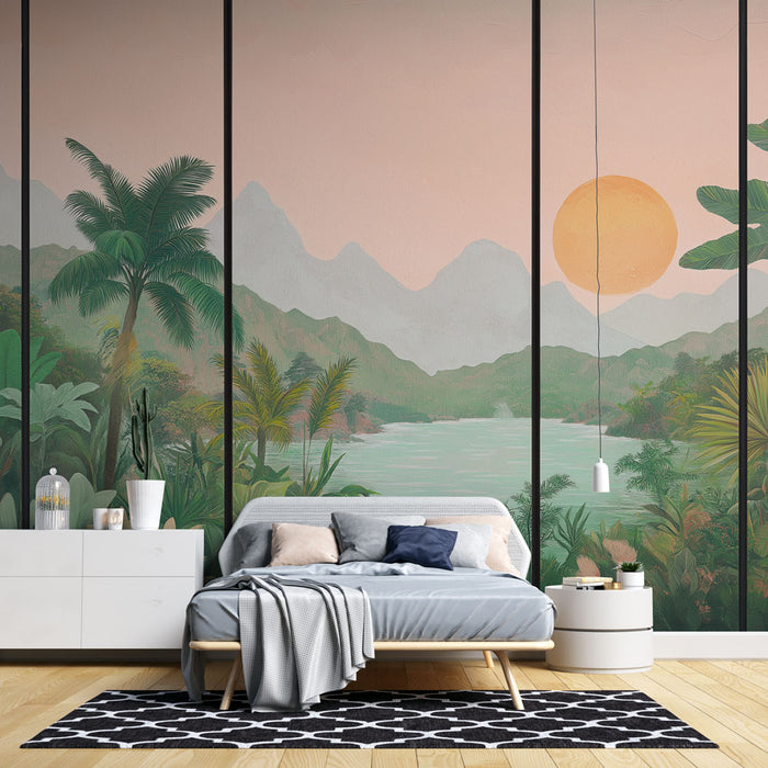 Une chambre moderne avec un papier peint tropical représentant un paysage luxuriant au coucher de soleil, évoquant une atmosphère apaisante et chaleureuse.