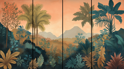 Papier peint paysage tropical Scène de montagnes et de feuillages luxuriants au coucher du soleil