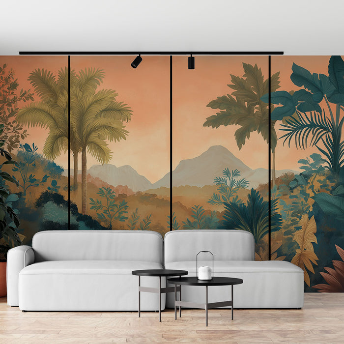 Un salon moderne avec un papier peint tropical aux teintes chaudes représentant une scène de jungle luxuriante et apaisante.