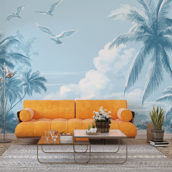 Papier peint paysage tropical | Scène paisible avec palmiers et oiseaux en vol