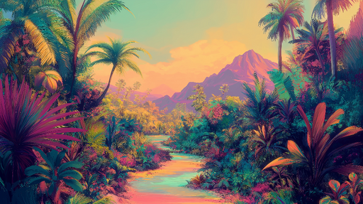 Papier peint paysage tropical Scènes de jungle vibrantes avec montagnes en arrière-plan