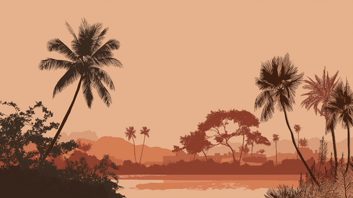 Papier peint paysage tropical Silhouettes de palmiers au coucher de soleil