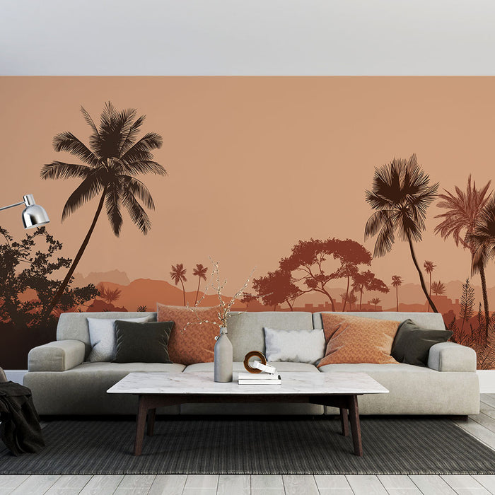 Papier peint paysage tropical | Silhouettes de palmiers au coucher de soleil