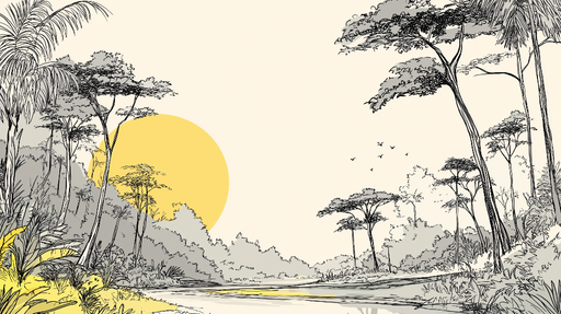 Papier peint paysage tropical Une illustration délicate de la nature avec un soleil jaune