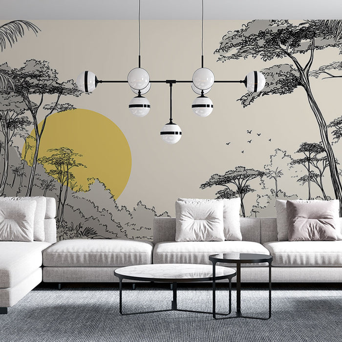 Un salon moderne avec un papier peint représentant des silhouettes d'arbres en noir sur fond beige, agrémenté d'un grand soleil jaune, créant une atmosphère apaisante et naturelle.