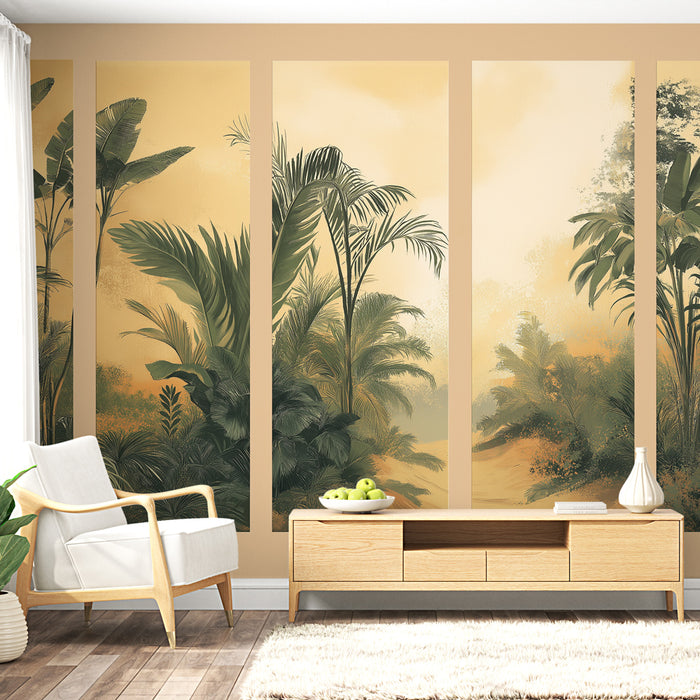 Une pièce lumineuse avec un papier peint tropical aux teintes dorées et vertes représentant des palmiers luxuriants, créant une atmosphère apaisante et chaleureuse.