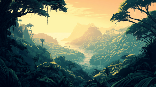 Papier peint paysage tropical Vue apaisante d'une jungle luxuriante au coucher du soleil