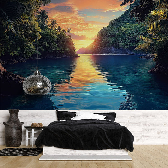 Une chambre moderne avec un papier peint représentant un paysage tropical au coucher de soleil, évoquant une atmosphère sereine et apaisante.