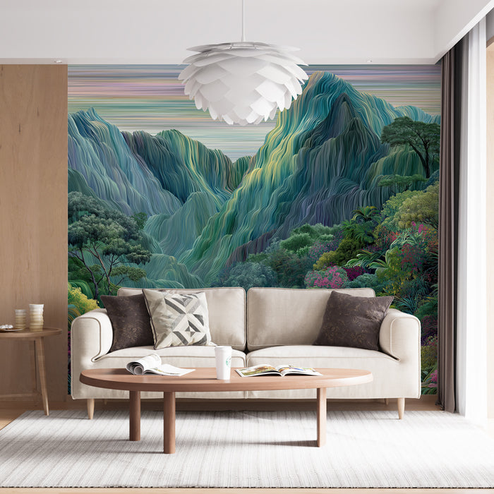 Un salon lumineux avec un papier peint représentant des montagnes stylisées aux teintes vertes et bleues, créant une atmosphère apaisante et naturelle.