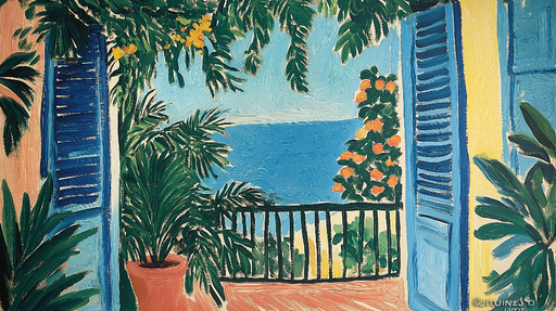 Papier peint paysage tropical Vue sur la mer avec palmiers et fleurs