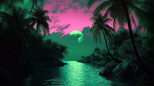 Papier peint paysage tropical Vues nocturnes avec palmiers et lune éclatante