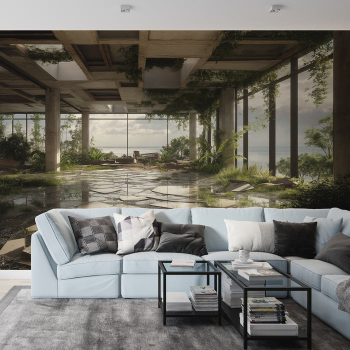 Une pièce moderne avec un papier peint représentant un paysage naturel luxuriant, mêlant béton et verdure, créant une atmosphère apaisante et immersive.