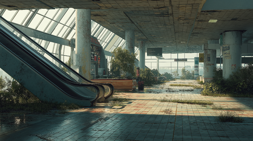 Papier peint paysage urbain abandonné Intérieur d'un espace public envahi par la nature