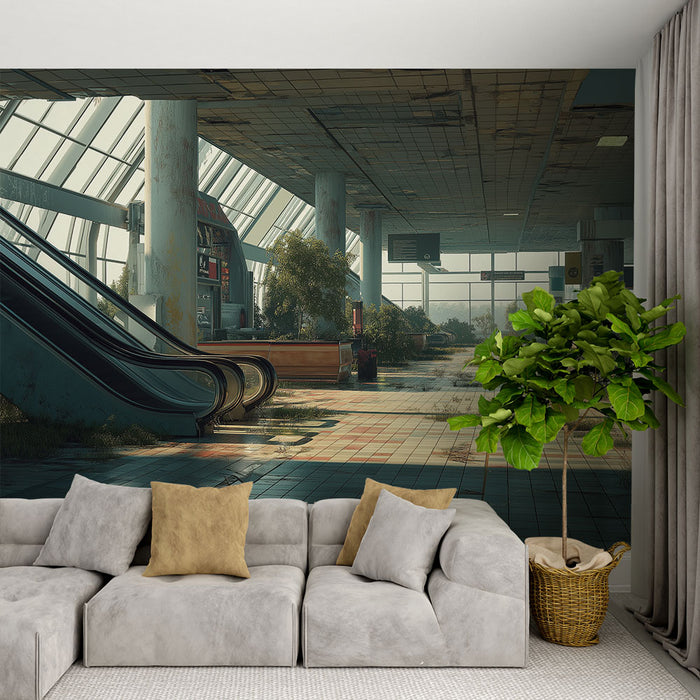 Papier peint paysage urbain abandonné | Intérieur d'un espace public envahi par la nature