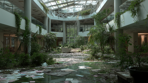 Papier peint paysage urbain abandonné Ruines verdoyantes d'un ancien bâtiment