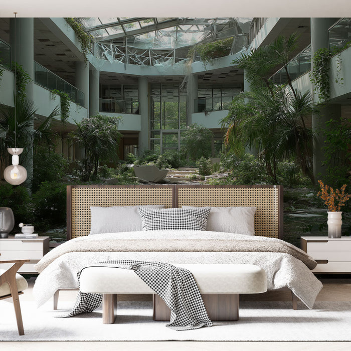 Une chambre moderne avec un papier peint représentant une jungle urbaine abandonnée, mêlant verdure luxuriante et architecture dégradée, créant une atmosphère à la fois mystérieuse et apaisante.