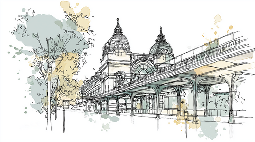 Papier peint paysage urbain Illustration délicate d'une gare avec des touches de couleur aquarelle