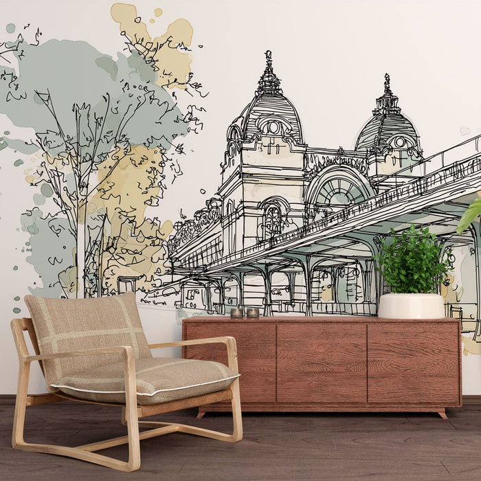 Une pièce moderne avec un papier peint illustrant un bâtiment architectural en contours noirs, agrémenté de touches aquarellées vertes et beiges, créant une atmosphère artistique et élégante.