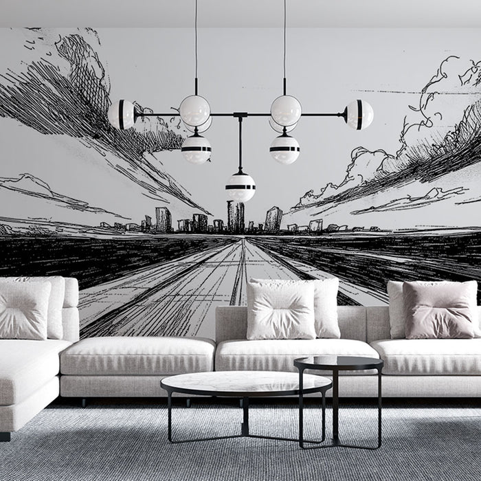 Un salon contemporain avec un papier peint illustratif en noir et blanc représentant une perspective urbaine dynamique, créant une ambiance moderne et artistique.