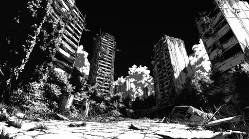 Papier peint paysage urbain post-apocalyptique Ruines entourées de végétation luxuriante