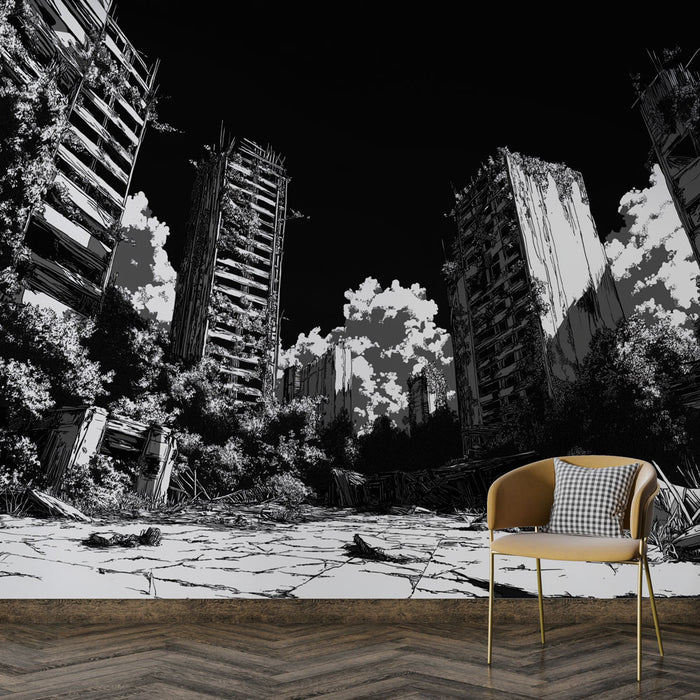 Une pièce moderne avec un papier peint en noir et blanc représentant un paysage urbain post-apocalyptique, créant une atmosphère intrigante et dramatique.