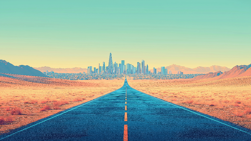 Papier peint paysage urbain Route menant à une ville futuriste