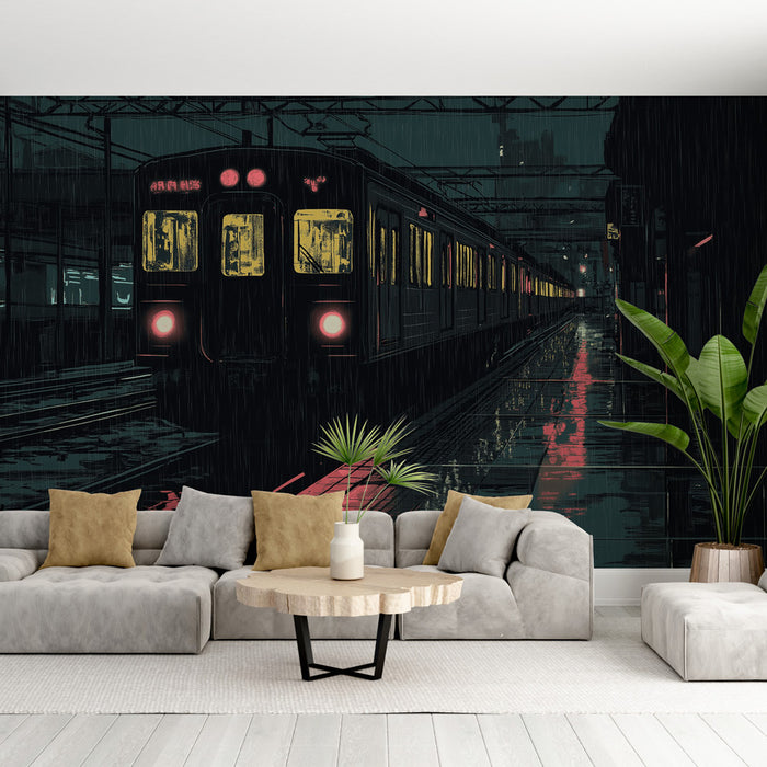 Un salon contemporain avec un papier peint illustrant une scène de train sous la pluie, mêlant des teintes sombres et des éclats lumineux, créant une atmosphère urbaine et mélancolique.