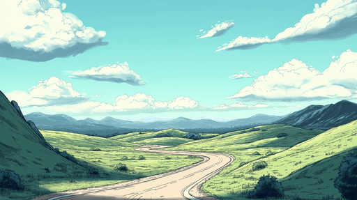 Papier peint paysage vallonné Route sinueuse à travers des collines verdoyantes