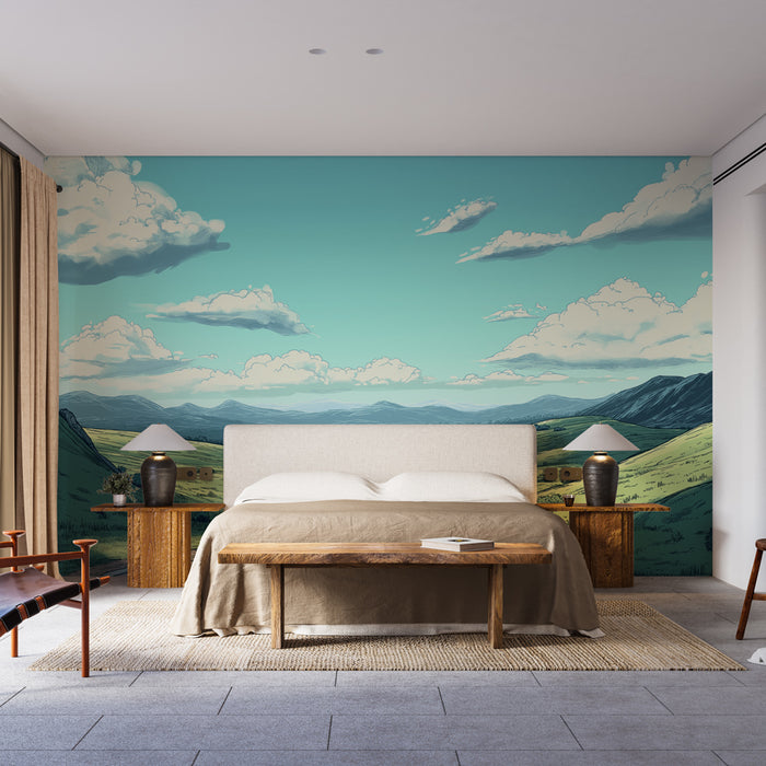 Une chambre moderne avec un papier peint illustrant un paysage montagneux sous un ciel bleu clair, créant une atmosphère apaisante et naturelle.
