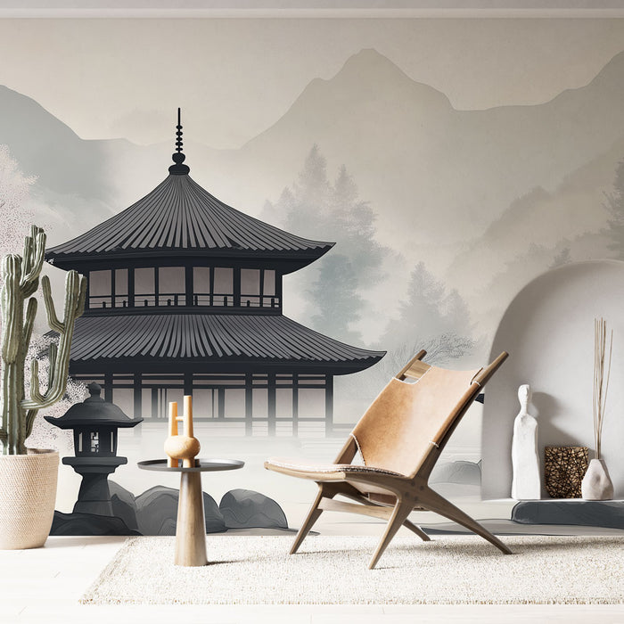 Une pièce moderne avec un papier peint représentant un pavillon asiatique en noir et blanc, évoquant une atmosphère sereine et minimaliste.