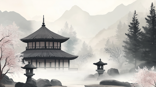 Papier peint paysage zen Temple asiatique dans un brouillard doux et paisible
