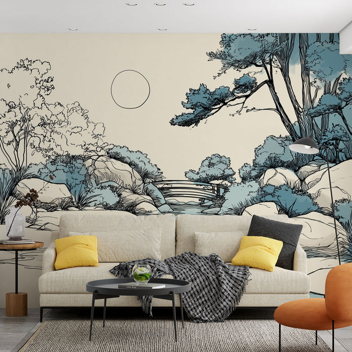 Un salon moderne avec un papier peint illustrant un paysage apaisant en nuances de bleu et noir, évoquant la sérénité de la nature.