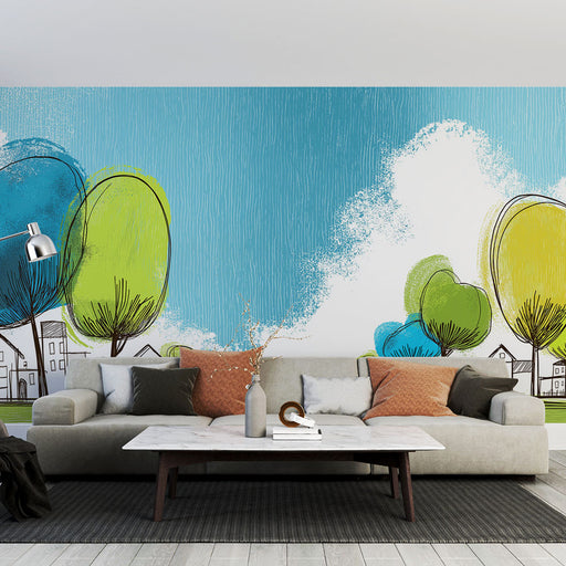Un salon moderne avec un papier peint illustratif représentant des arbres aux couleurs vives sur fond bleu, créant une ambiance joyeuse et dynamique.