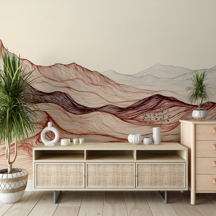 Une pièce moderne avec un papier peint abstrait aux lignes ondulées dans des teintes de rouge et beige, créant une atmosphère chaleureuse et artistique.