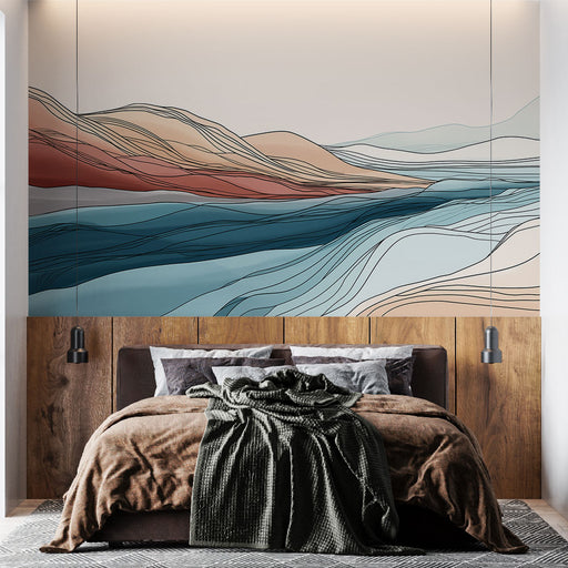 Une chambre moderne avec un papier peint abstrait représentant des ondulations en teintes douces de bleu, beige et rouge, créant une atmosphère apaisante et élégante.